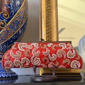all over beaded red evening party purse clutch..K.C. MALHAN